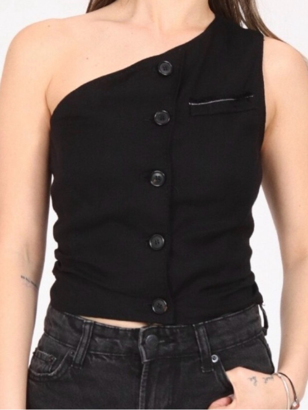 Zara Black One-Shoulder Button-Front Crop Top
